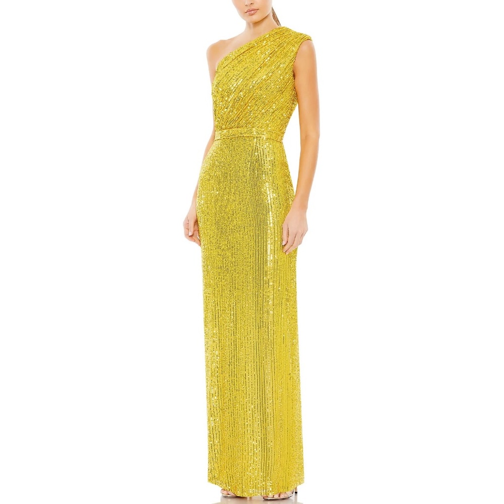 NEW Mac Duggal Yellow Sequin Ruched One Shoulder Column Gown, size 4